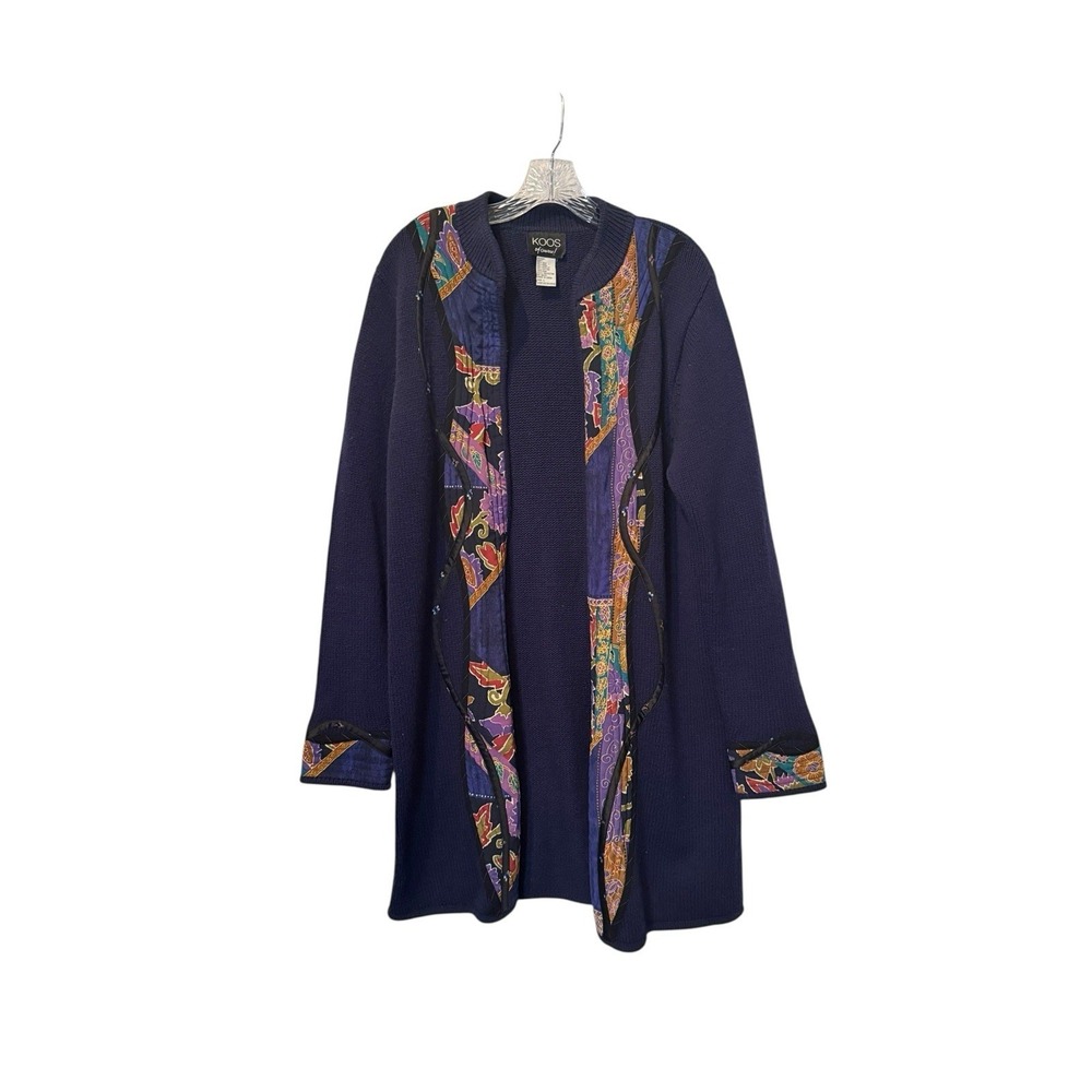 Koos of Course‎ Lagenlook Cardigan Women L Navy Open Front Floral Artsy Boho